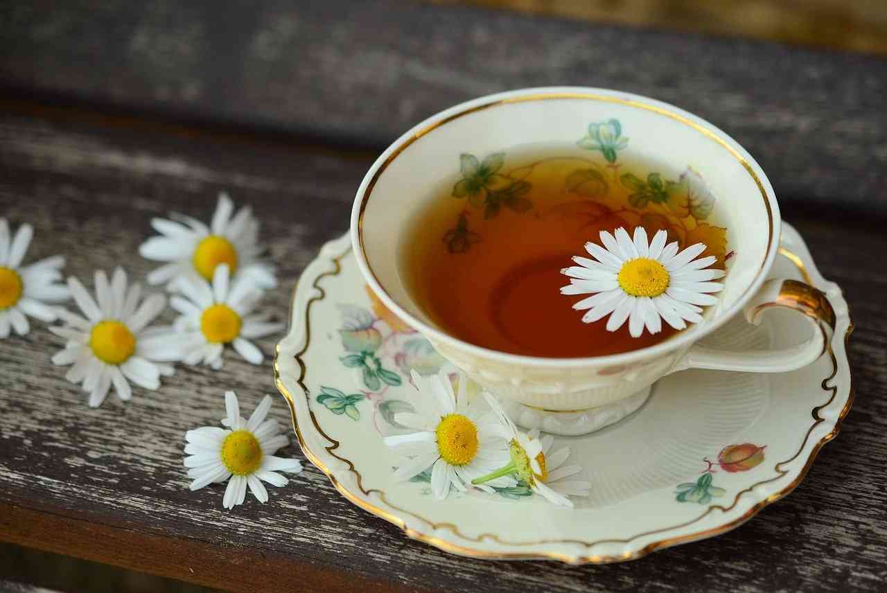 Ромашковый чай с цветками в красивой чашке с блюдцем